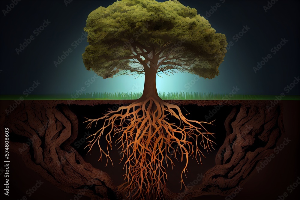 Root System Of A Tree Growing Underground, Soil Section Concept
