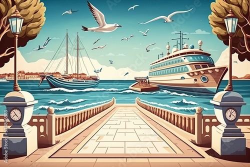 cartoon illustration, summer sea with cruise ship and motorboat in the ocean, ai generative photo