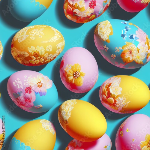 Seamless abstract easter theme pattern of colorful, hand painted easter eggs on a turquoise background. Generative AI