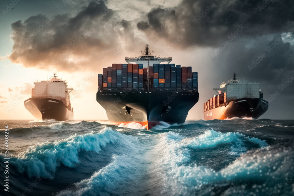 A loaded container cargo ships is seen in front of big waves on sea. Cargo  ships import export container box on the ocean sea. Freight Transportation,  Shipping, Nautical Vessel. generative ai Illustration