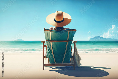 Woman enjoying sunbathing on the beach sitting in chair (Generative AI) photo