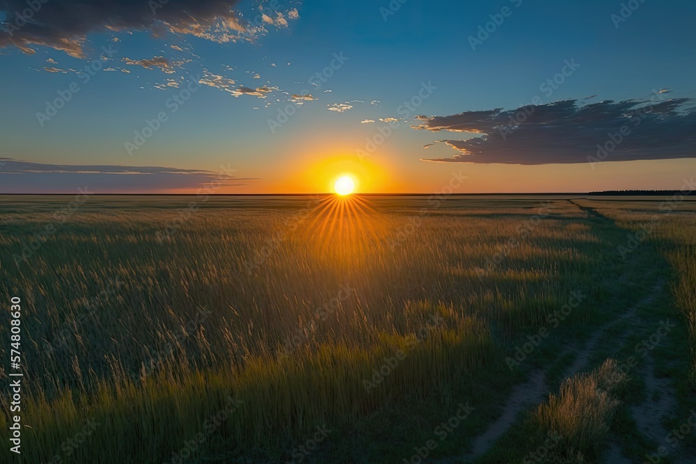 Sunrise over the summer horizon in a field. Blue clouds in the fall sky, where the sun is shining brightly. Sunset over a grassy landscape in Russia's Saratov area. Generative AI