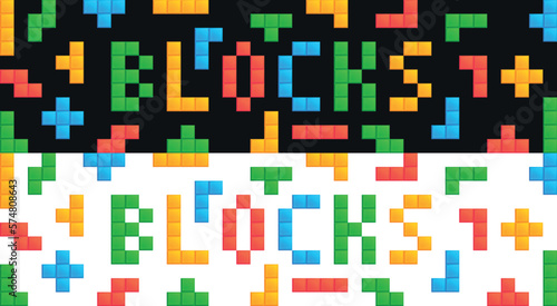 Word Blocks lined with Tetris cubes. Green, red, blue figures from children's retro video game. Vector geometric pattern from multicolored constructor. Set of design elements to create puzzle for kids