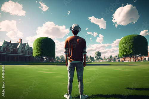 Man looking over the beautiful, green lawn. Baseball field caring, caring, gazing, thick, outdoors, Sky, sunlight, care, seed, tall, watering, perfect, soil, groomed, blade, horizon line, eye level photo