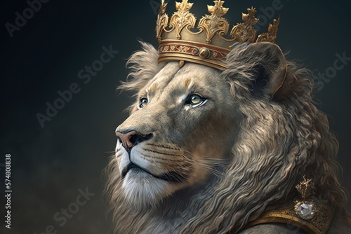 King of the animals. Lion with a crown close-up as a digital illustration  Generative AI 