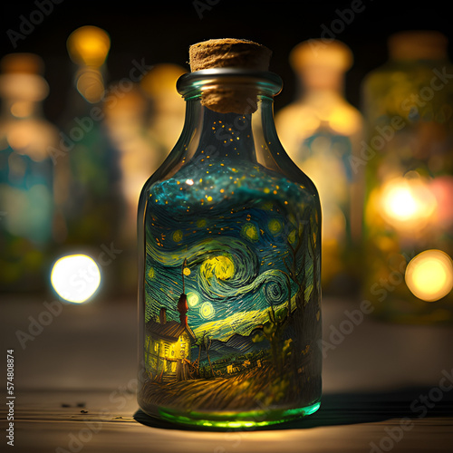 bottles, VanGog, farm, night, sky, stars, tree, ligths, yellow, (ID: 574808874)