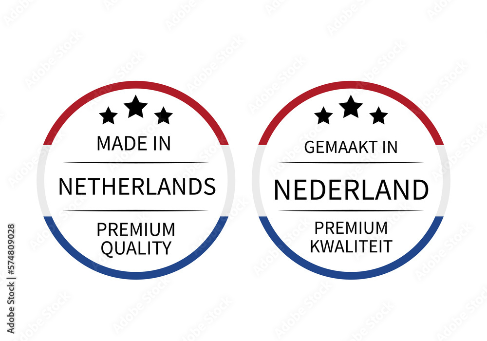 Made in Netherlands round labels in English and in Dutch languages. Quality mark vector icon. Perfect for logo design, tags, badges, stickers, emblem, product package, etc Made in Netherlands round labels in English and in Dutch languages. Quality mark vector icon. Perfect for logo design, tags, badges, stickers, emblem, product package, etc