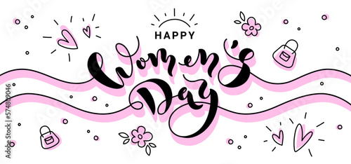 Womens Day background with hearts, bags, flowers, leaves. Isolated girlish sketched elements and lettering for Woman day banner in pink and black colors. Vector illustration.