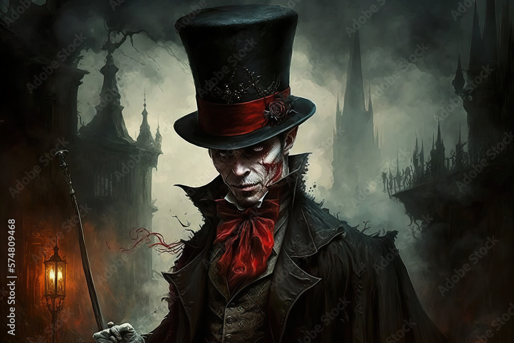 "Victorian Vampire Gothic Style with Top Hat and Cane" Generative AI