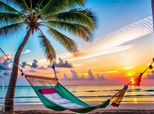 a tropical beach at sunset with a hammock under a palm tree, Generative AI