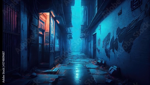 3D rendered computer generated image of a futuristic neo cyberpunk urban alleyway. Bright blue light in empty alley with no people. Inner city buildings and modern architecture look and feel