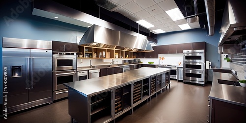 Commercial kitchen with stainless steel - empty kitchen filled with everything a restaurant or food business needs photo