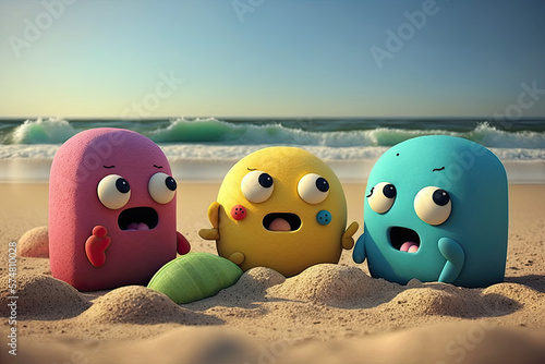 Funny squishy rubber cartoon characters as a family at the beach, generative ai illustration