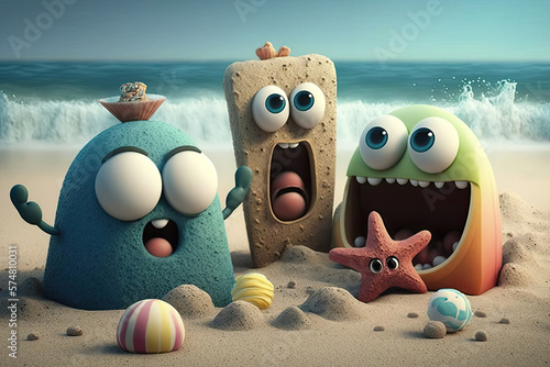 Funny squishy rubber cartoon characters as a family at the beach, generative ai illustration photo