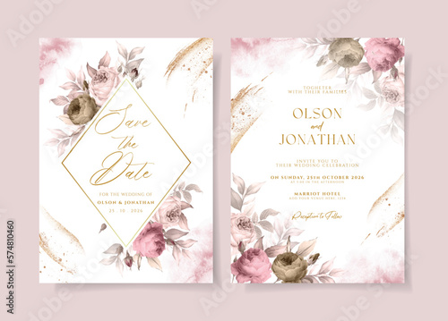 Watercolor wedding invitation template set with pink floral and leaves decoration