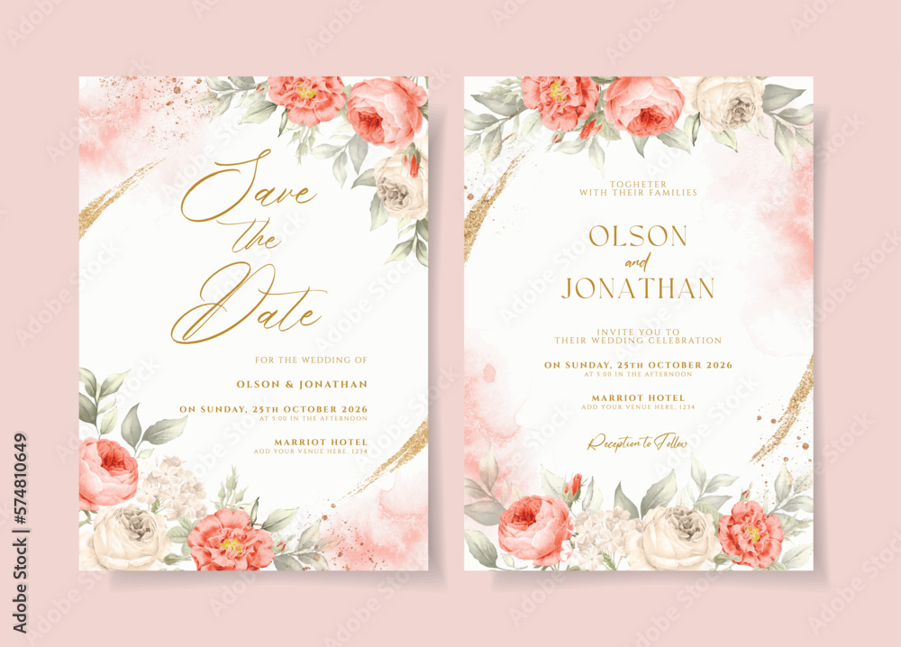 Watercolor wedding invitation template set with peach pink floral and leaves decoration Watercolor wedding invitation template set with peach pink floral and leaves decoration