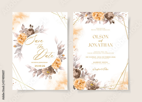 Watercolor wedding invitation template set with orange brown floral and leaves decoration