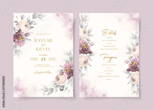Watercolor wedding invitation template set with purple white floral and leaves decoration
