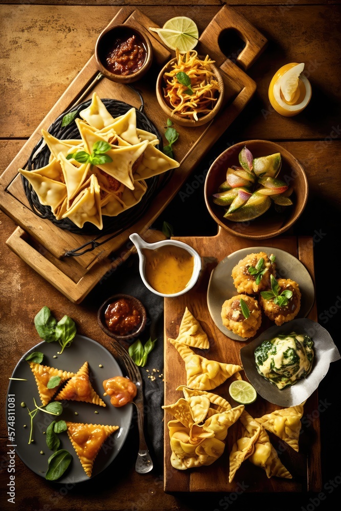 Appetizers, A mouth-watering spread of delicious starters, arranged neatly on a rustic wooden board. Appetizers, A mouth-watering spread of delicious starters, arranged neatly on a rustic wooden board.