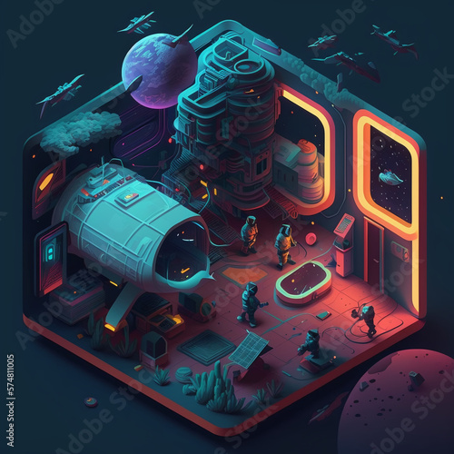 Fototapeta Naklejka Na Ścianę i Meble -  isometric illustration of a space station, complete with astronauts, spaceships, and futuristic technology. Use a dark color palette with bright pops of neon to create a sense of mystery and wonder. 