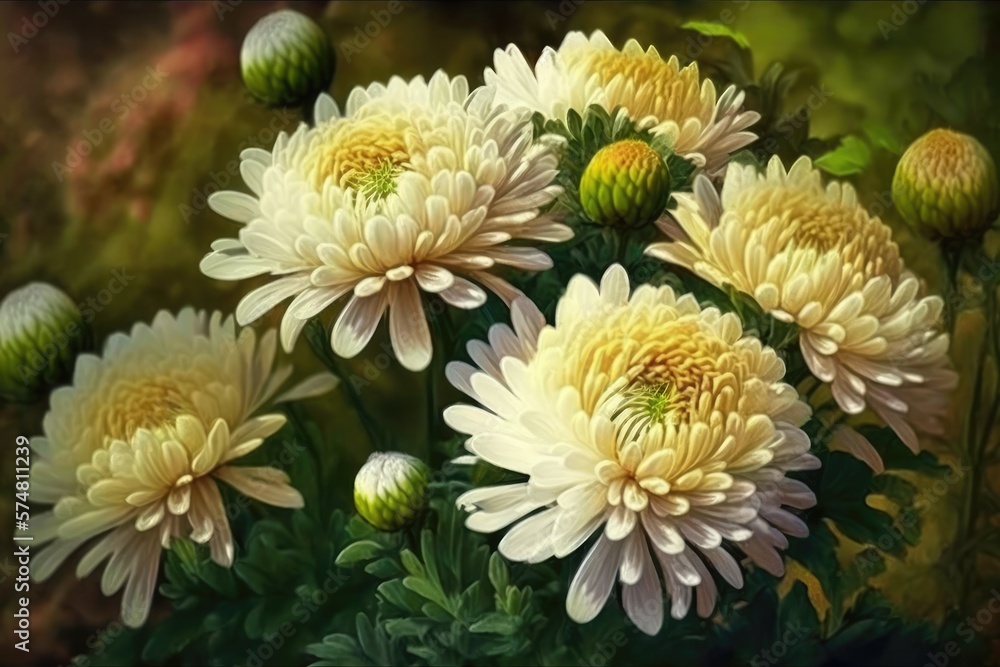 Chrysanthemum, Beautiful flowers, A garden filled with blooming flowers and lush greenery, Serene and peaceful, Soft and inviting Chrysanthemum, Beautiful flowers, A garden filled with blooming flowers and lush greenery, Serene and peaceful, Soft and inviting