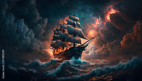 Frigate on wild sea, emotional, strom
