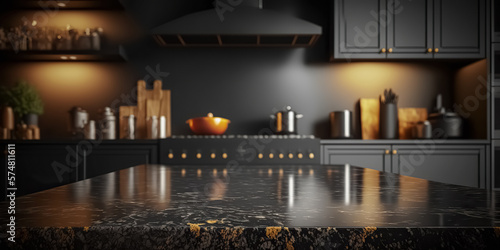 Modern empty dark marble table top or kitchen island on blurry bokeh kitchen room interior background. for montage product display. digital  art