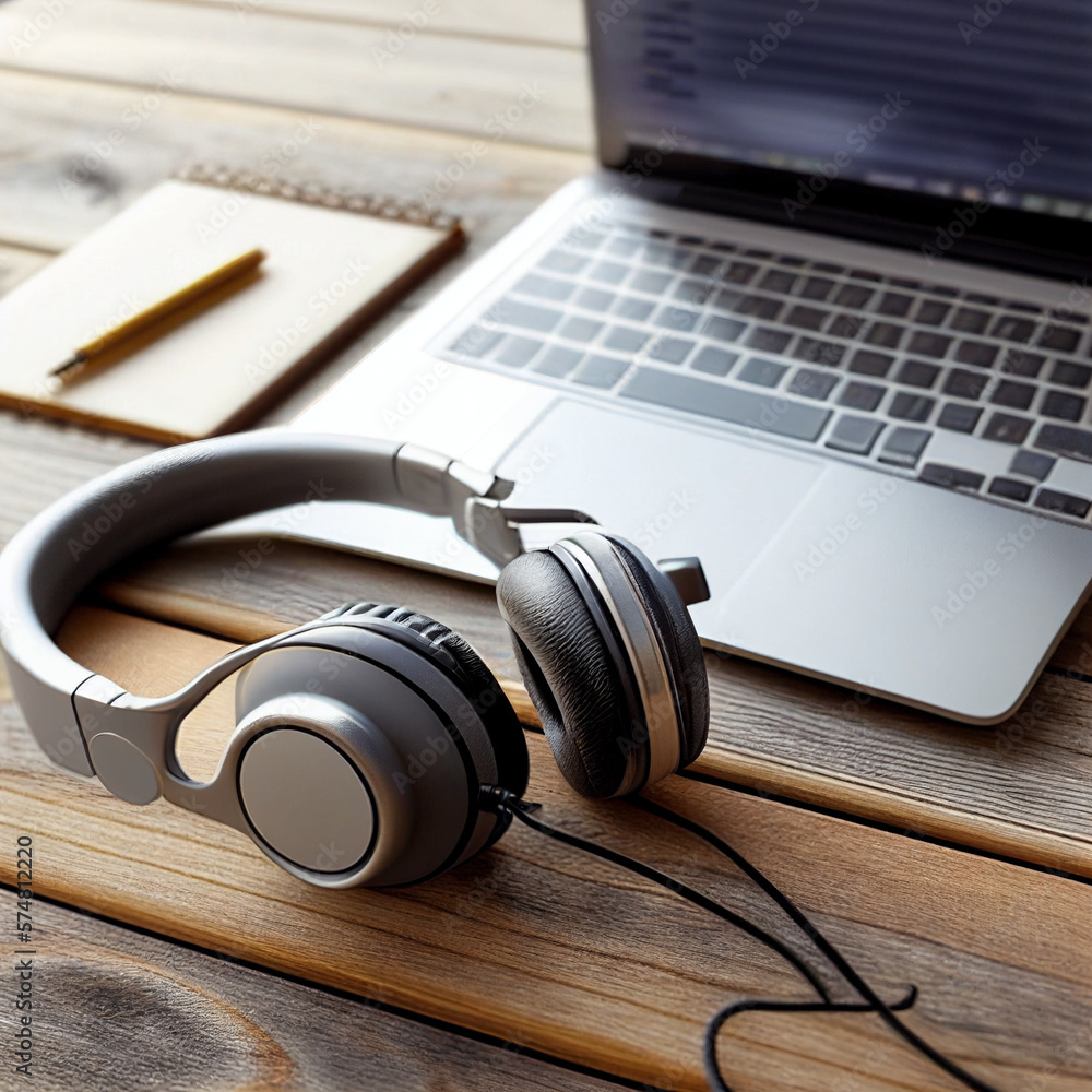 Laptop. Headphone, notepad, pen and coffee on wooden table Laptop. Headphone, notepad, pen and coffee on wooden table