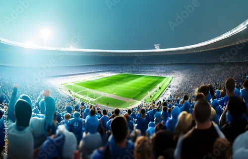 Cinematic Football stadium background with full of crowded audience, generative ai, football fans or supporters chanting and celebrating in soccer ground 