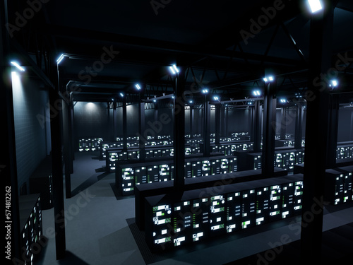 Cyber security data center with hardware cabinets, modern server room with hosting servers for digitalization. Professional networking and cloud computing storage room, ai big data. © DC Studio