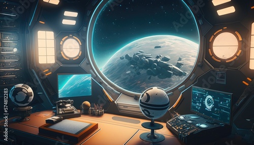 Orbiting Paradise: A Room with a View of a Beautifully Futuristic Planet, AI generative