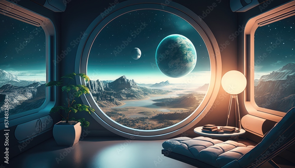 Journey to the Stars: A Room with a View of a Futuristic Universe, AI Generative Journey to the Stars: A Room with a View of a Futuristic Universe, AI Generative