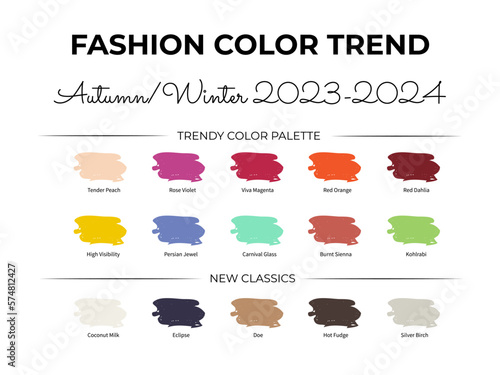 Fashion Color Trend Autumn - Winter 2023 - 2024. Trendy colors palette guide. Fabric swatches with color names. Easy to edit vector template for your creative designs