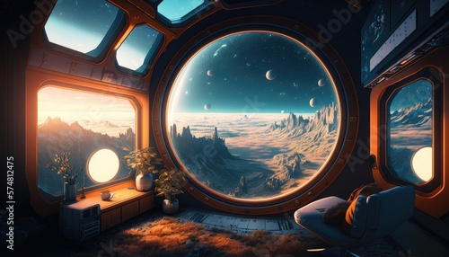 Futuristic Serenity: A Room with a View of a Futuristic Planet, AI Generative