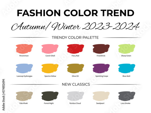 Fashion Color Trend Autumn - Winter 2023 - 2024. Trendy colors palette guide. Fabric swatches with color names. Easy to edit vector template for your creative designs