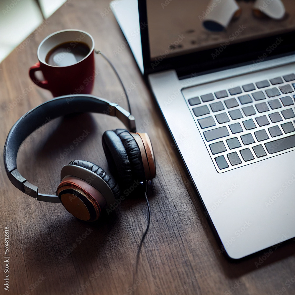 Laptop, headphones and coffee on wooden business desk. Laptop, headphones and coffee on wooden business desk.