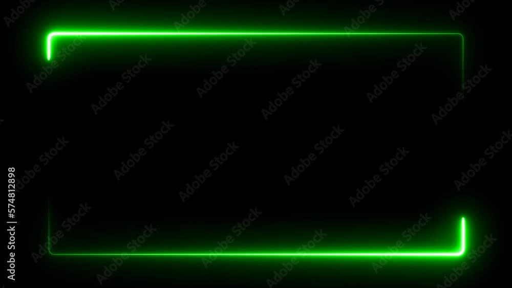 Neon glowing frame background. Lasers are green. repetitive motion animation, with neon lights shrinking and expanding. isolated on black. 4K graphic animation video