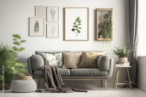 Modern minimalist living room with gray sofa, wooden cube, plaid pillows, mock-up poster frame, and elegant accessories. Elegant decor. Gray walls. Generative AI