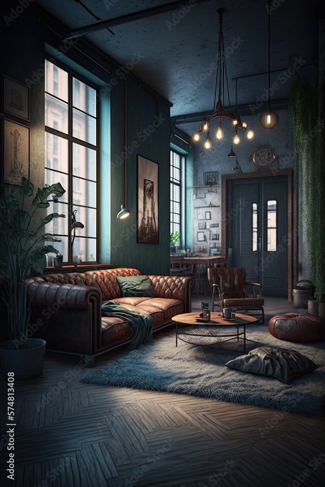 Living room loft in industrial style. Generative AI. Living room loft in industrial style. Generative AI.