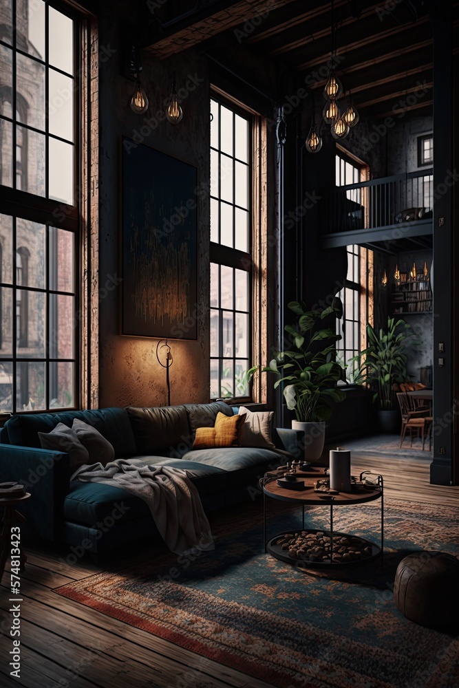 Living room loft in industrial style. Generative AI. Living room loft in industrial style. Generative AI.