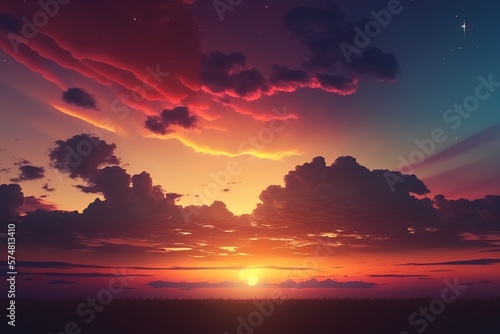Sunset epic sky with clouds in pink and purple tones. Generative AI illustration