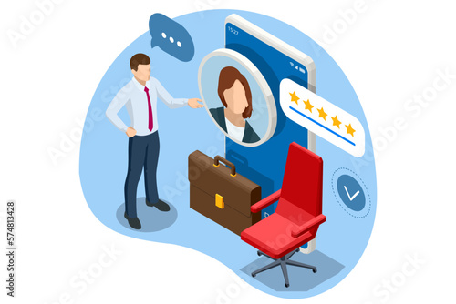 Isometric CV, hiring and recruitment concept for web page, banner, presentation. Job interview, recruitment agency. Reviewing the candidates online.