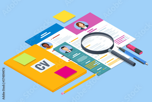 Isometric CV, hiring and recruitment concept for web page, banner, presentation. Job interview, recruitment agency Personal Data Information App, Identity Private Concept. Digital data Secure Banner.