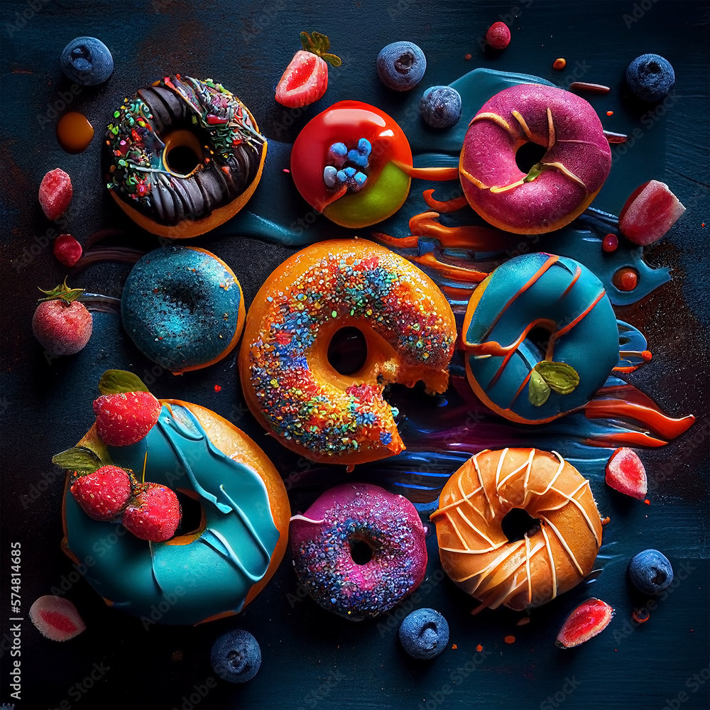 Sweet and Colorful: Digital image of assorted donuts in vibrant colors - AI Generated
