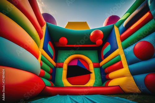 Slika na platnu Colorful bouncy castles, without anyone. Ai generated.