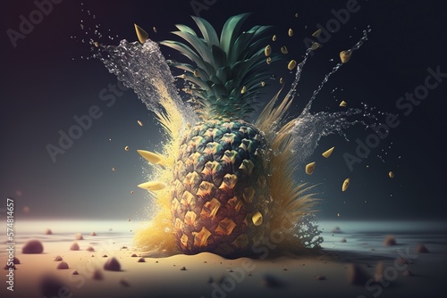 A juicy and tasty tropical pineapple on a beach. Ai generated.