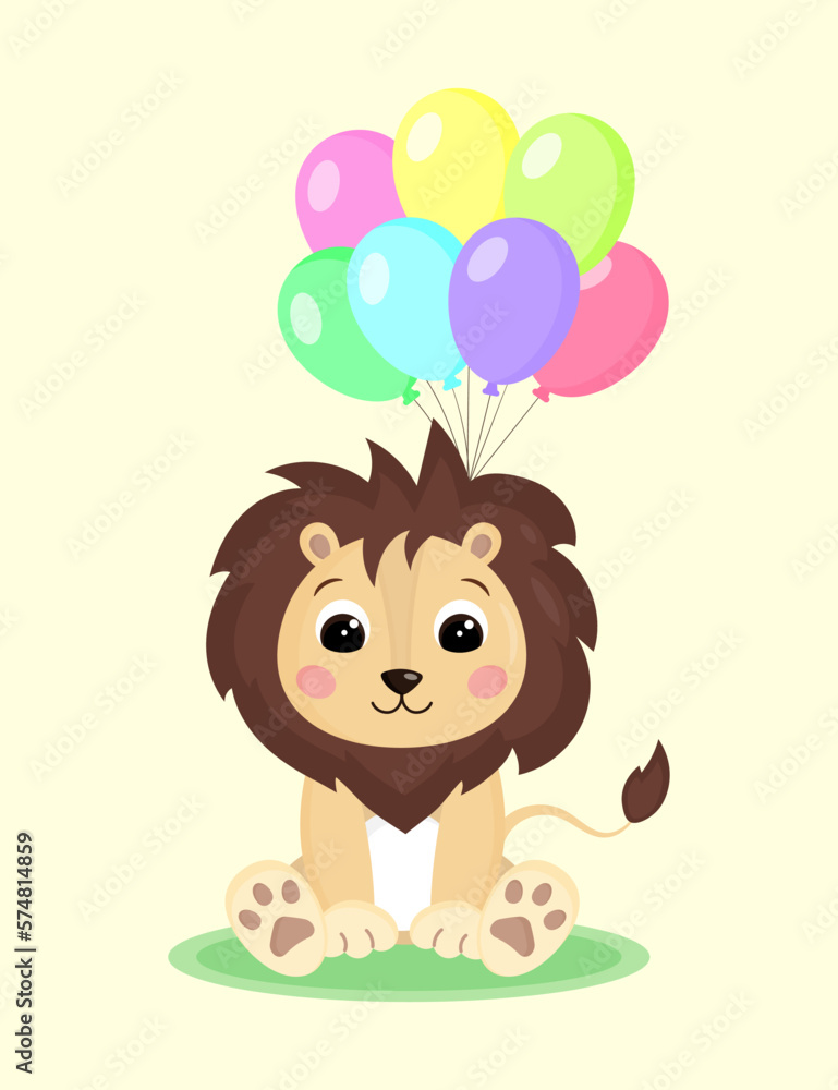 Cute happy smiling cartoon little lion character with colored balloons. Vector illustration