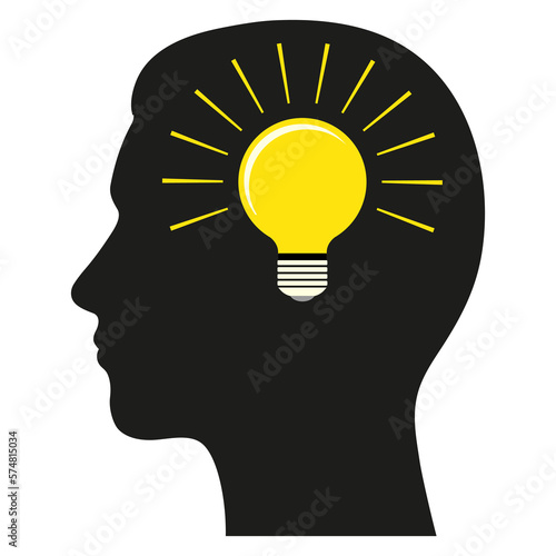 Creative thinking logo illustration.Human head with a light bulb on a white background
