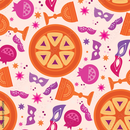Purim - holiday  jewish carnival  seamless pattern   Carnival mask, Hamantashen, confetti, clown, garland, hat, firework,  Purim Jewish festival concept  Vector festive illustration
