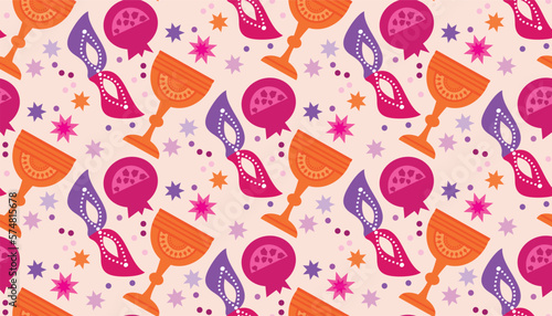 Purim - holiday  jewish carnival  seamless pattern   Carnival mask, Hamantashen, confetti, clown, garland, hat, firework,  Purim Jewish festival concept  Vector festive illustration
